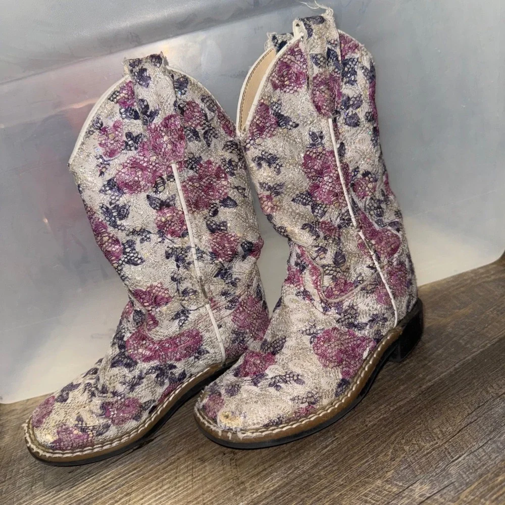 Old West Girls Cowboy Boots Size 9 Floral Sparkle Glitter Western VB9151 Cowgirl
